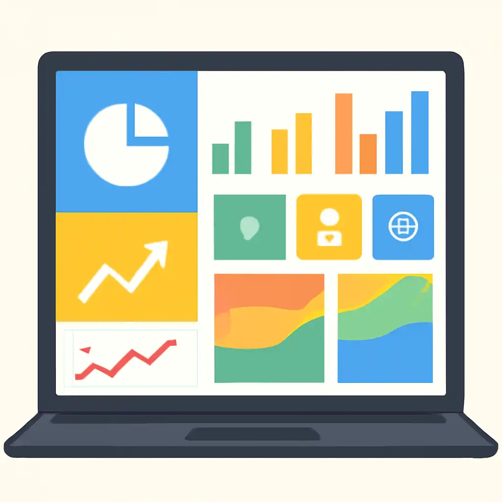 Laptop shown from the front displaying a colourful flat dashboard of abstract charts, bars and icon tiles, UP Satta King