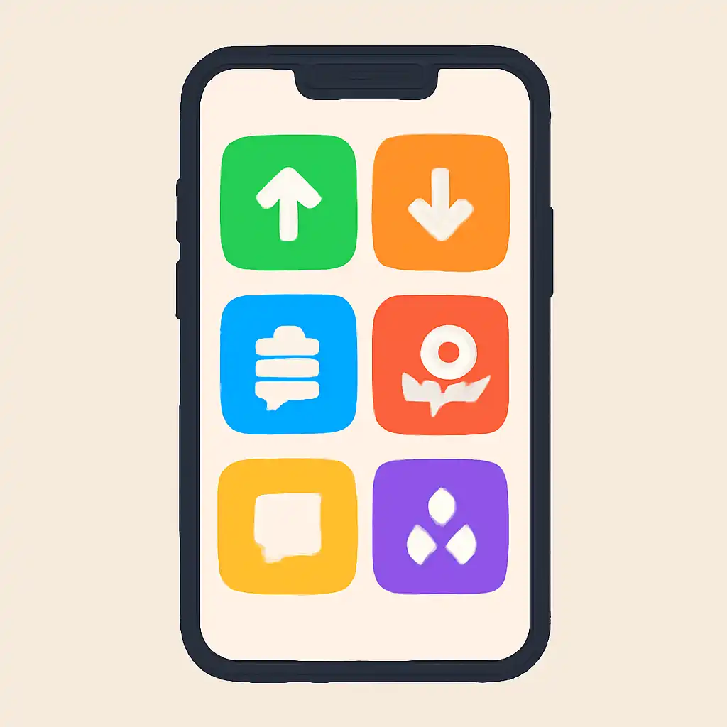 Smartphone shown from the front displaying a colourful flat layout of abstract game icons and rounded tiles, Deposits