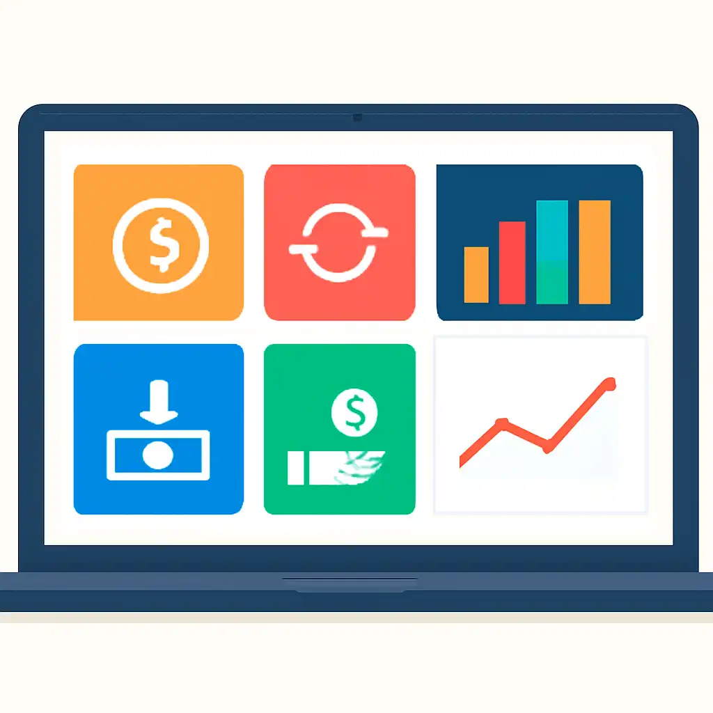 Laptop shown from the front displaying a colourful flat dashboard of abstract charts, bars and icon tiles, Deposits