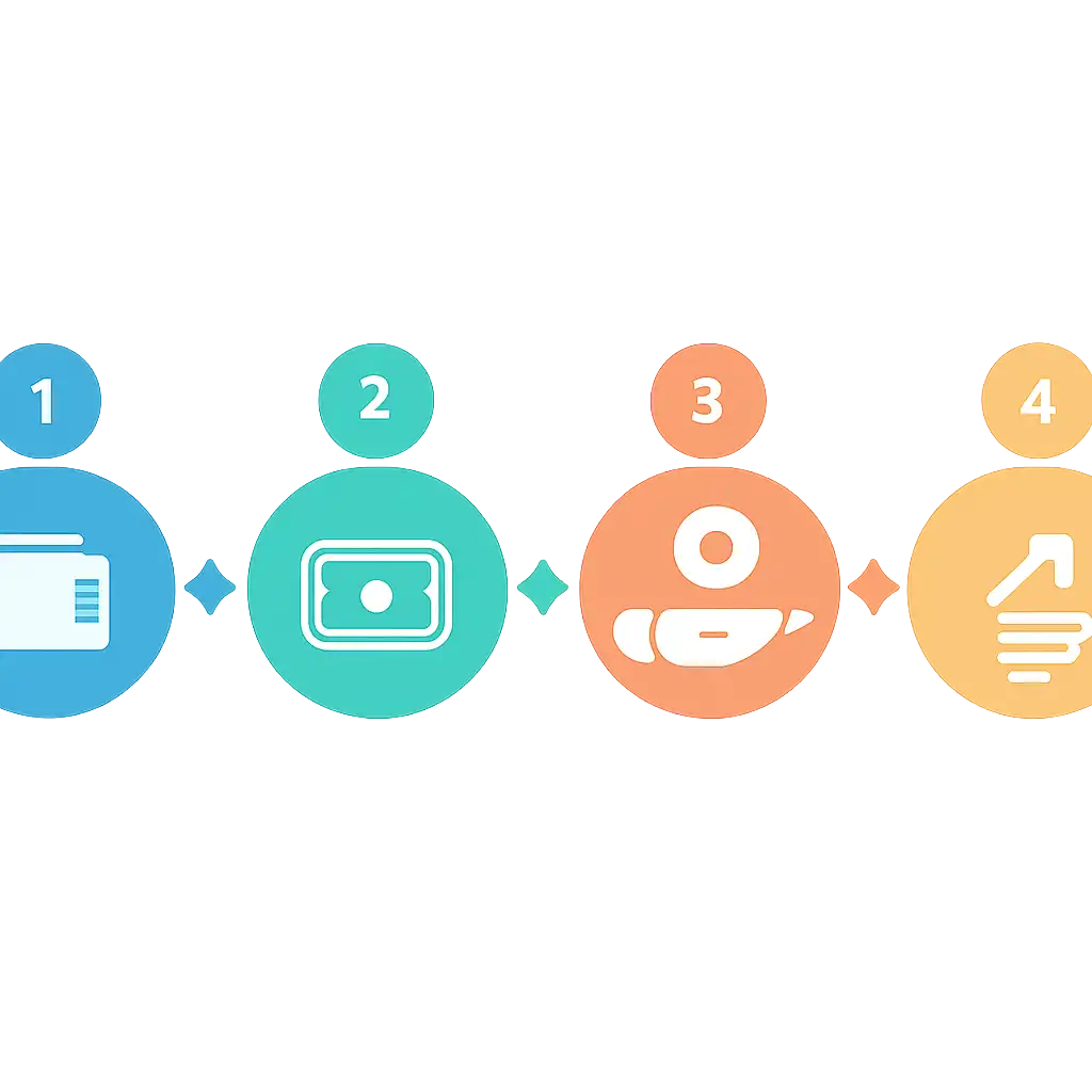 Five numbered circular icons connected by arrows in a horizontal flow, Deposits, Withdrawals and Payouts steps, UP Satta