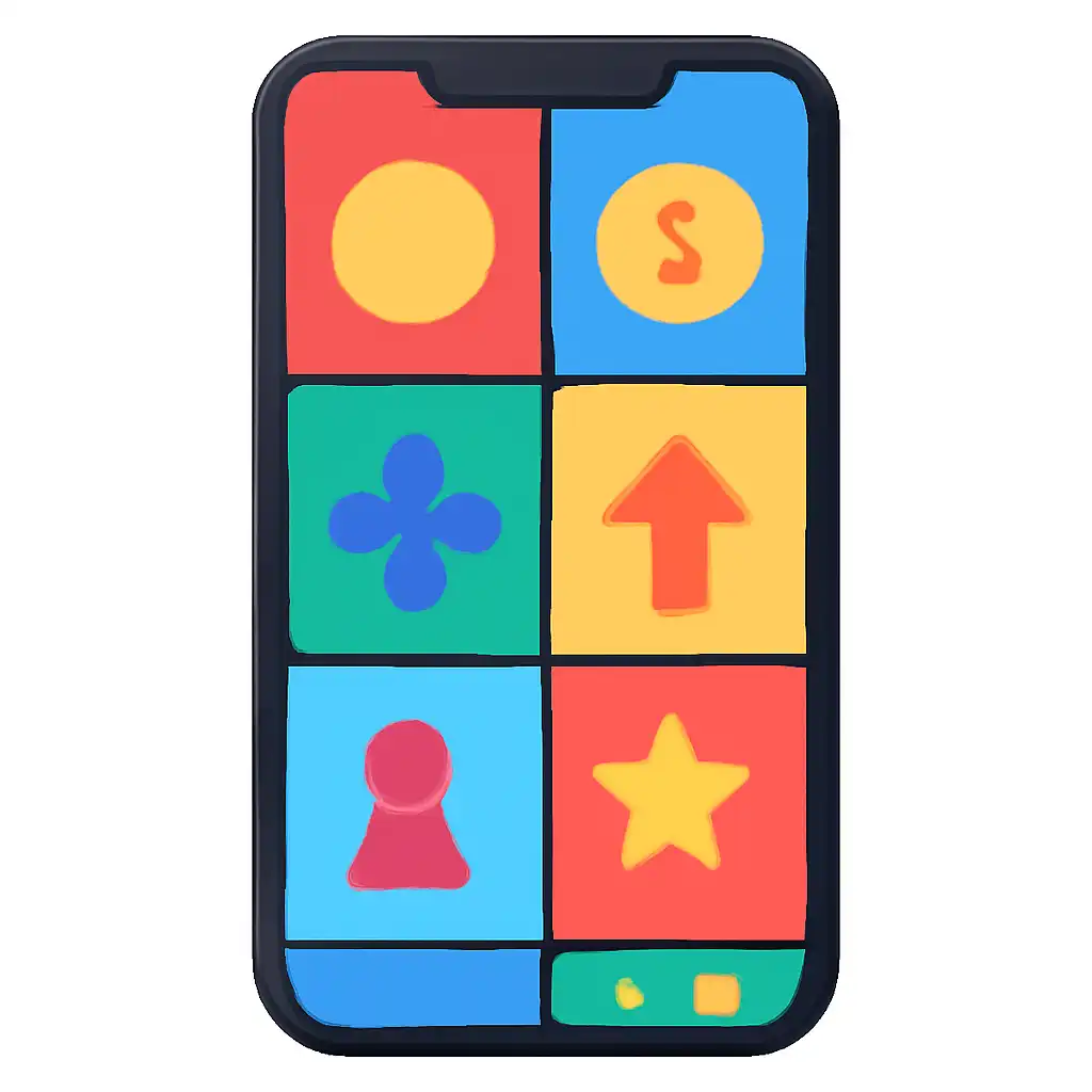 Smartphone shown from the front displaying a colourful flat layout of abstract game icons and rounded tiles, Getting