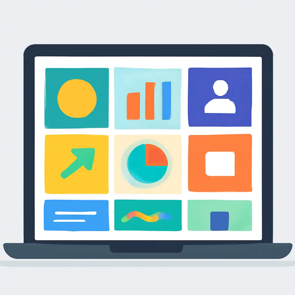 Laptop shown from the front displaying a colourful flat dashboard of abstract charts, bars and icon tiles, Getting Started