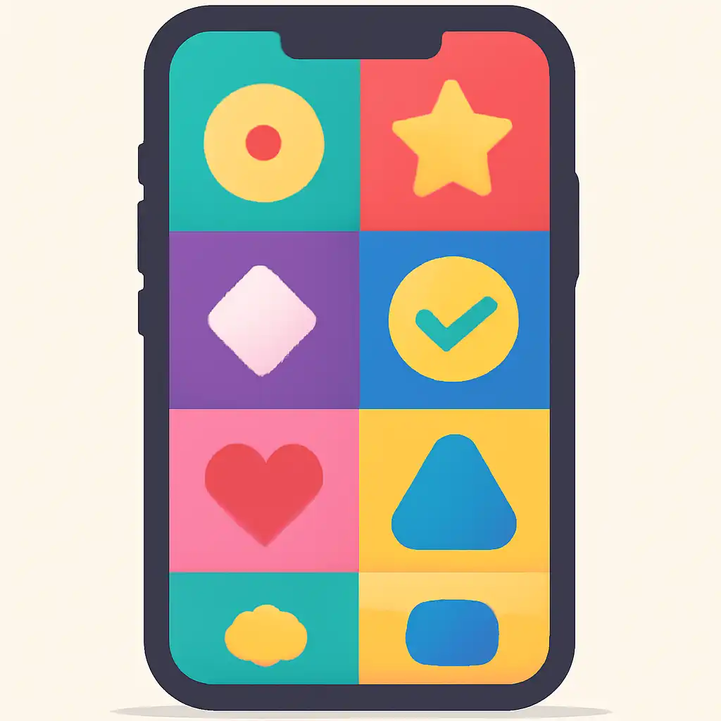 Smartphone shown from the front displaying a colourful flat layout of abstract game icons and rounded tiles, Common