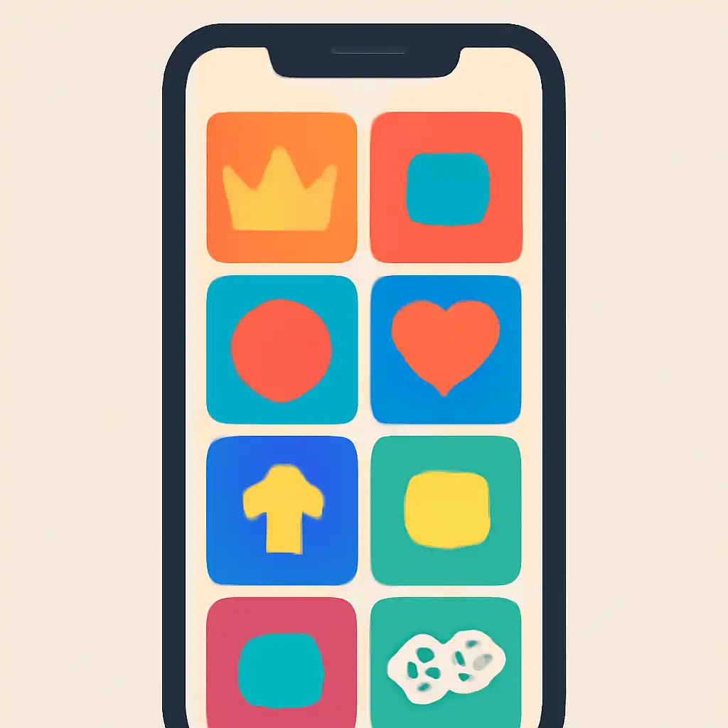 Smartphone shown from the front displaying a colourful flat layout of abstract game icons and rounded tiles, up king game