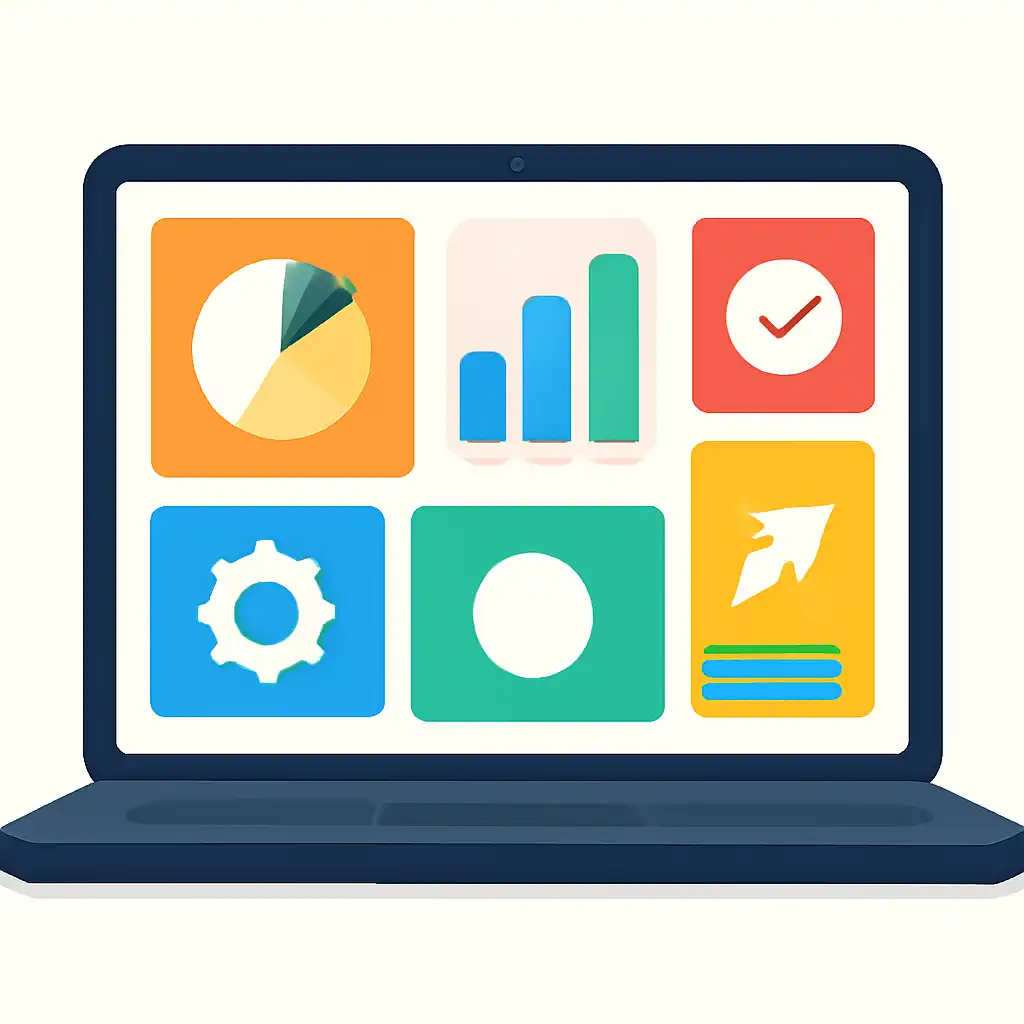 Laptop shown from the front displaying a colourful flat dashboard of abstract charts, bars and icon tiles, up king game