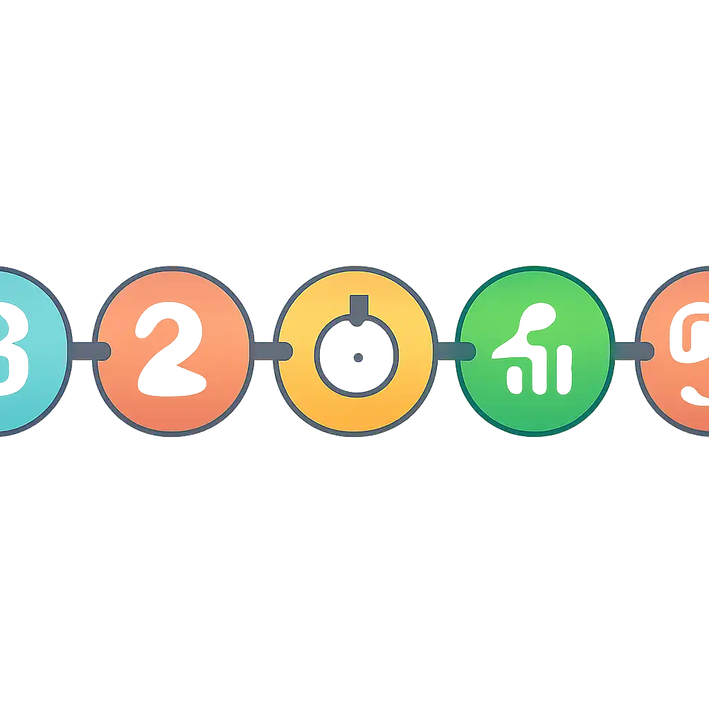 Five numbered circular icons connected by arrows in a horizontal flow, up king game: Rules, Timings and Results steps, UP