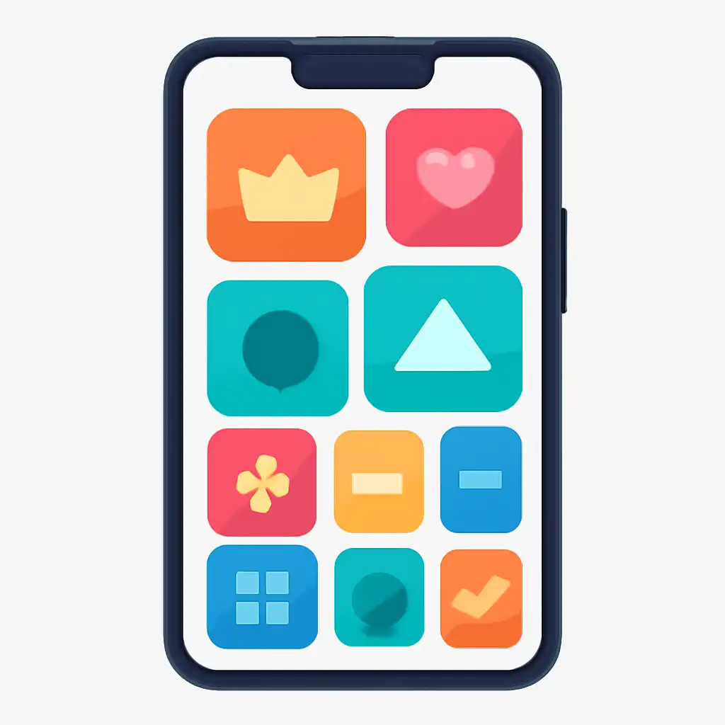 Smartphone shown from the front displaying a colourful flat layout of abstract game icons and rounded tiles, What up king