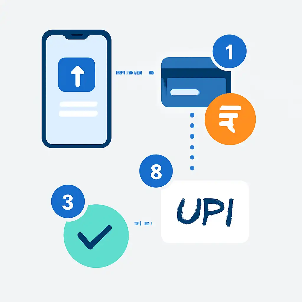 Annotated step diagram: upi deposits process with numbered callouts, UP Satta King